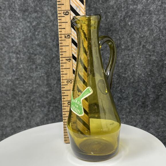Vintage Chartreuse Green Glass Pitcher Applied Handle 6" Hand Blown Spain - Picture 3 of 10